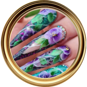Purple flowers and green leaves nail art